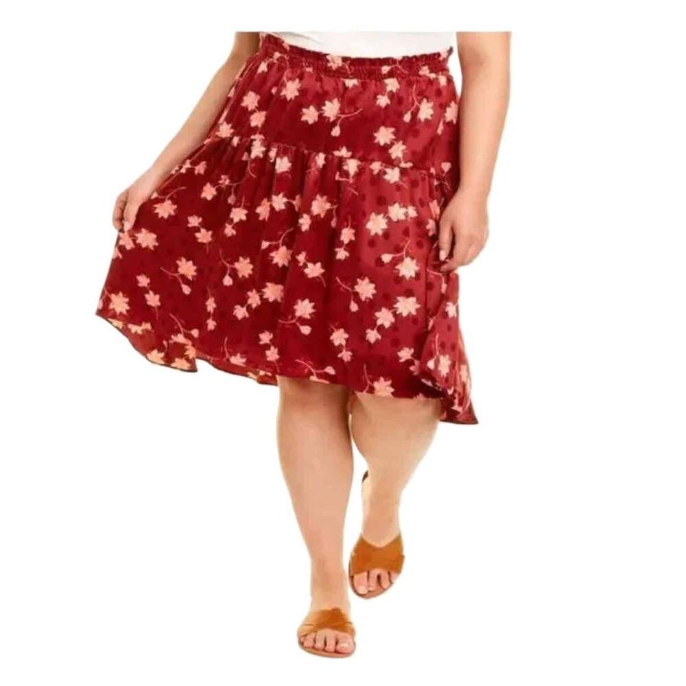 Draper James Burgundy 1X Tiered Floral Print Above-Knee Pleated A-Line Skirt